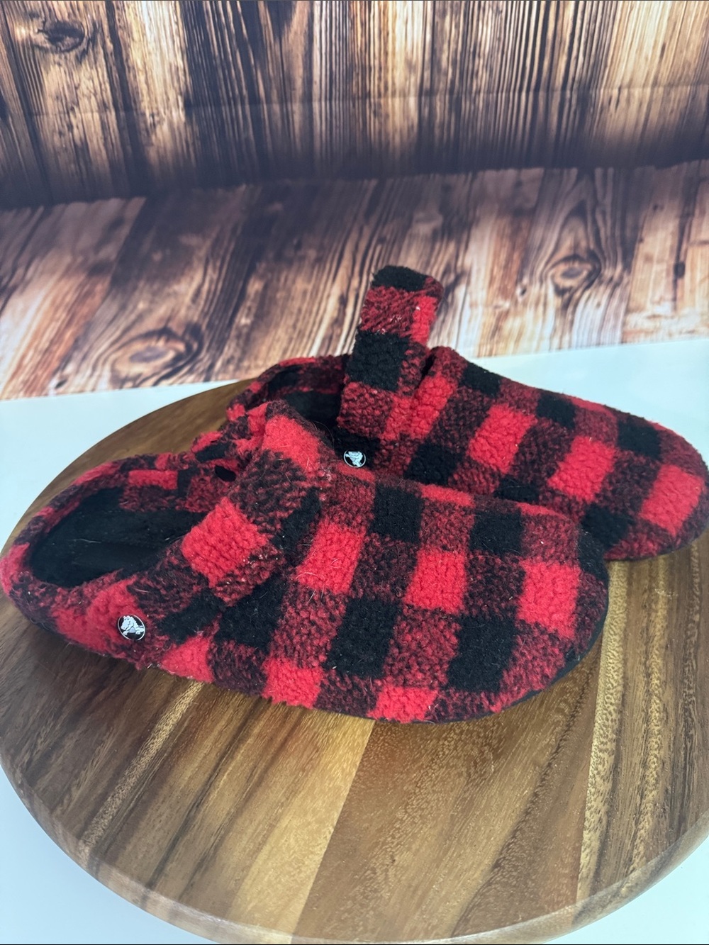 CROCS Red and Black Buffalo Plaid Fuzzy Slip-On Loafers